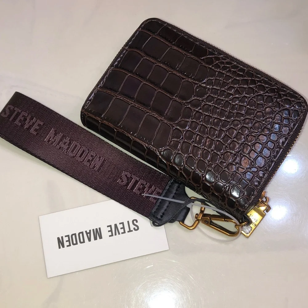 Steve Madden BJESS Brown Multi Faux Leather Croc Embossed ZA Wallet + Strap NWT
